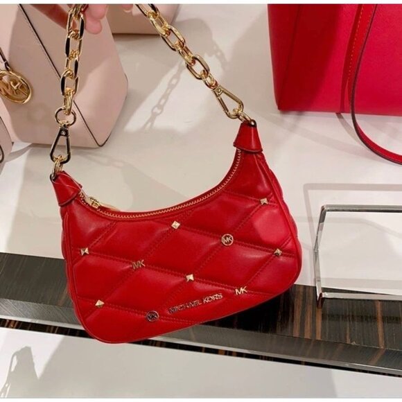 Michael Kors Cora Extra-Small Quilted Shoulder Bag Bright Red - Picture 2 of 11